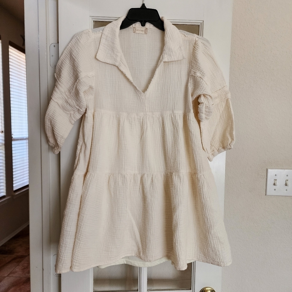 Altar’d State Cream Collared Tiered Tunic Top Large Cotton Boho Style #MDR8963